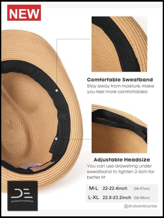 Foldable Paper Straw Fedora Sun Hat with Chin Strap UPF 80+ main image 5